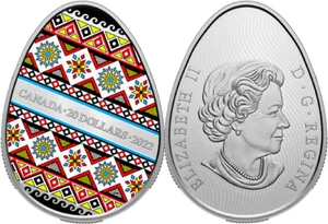 2022 Pysanka Traditional Ukrainian $20 1OZ Egg Shaped Silver Proof Canada Coin - Foto 1 di 1