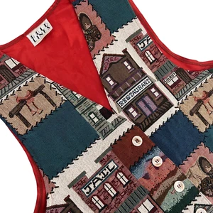 GOLD LINKS Women's Sz L Vintage 90s Old West Town 4-Button V-Neck Tapestry Vest - Picture 1 of 9