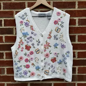 Northern Isles Sweater Vest Embroidered Flowers Butterflies Granny Cottagecore - Picture 1 of 10