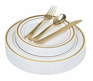 125 Piece Gold Dinnerware Set - 25 Gold Rim Plastic Plates - 25 Gold Plastic Sil