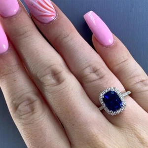 Anillo de diamantes talla cojín zafiro azul 3,70 quilates cultivado en laboratorio boda oro blanco de 14 k - Imagen 1 de 14