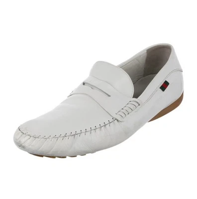 GUCCI White Web Accent Leather Driver Shoes - Image 1 of 4