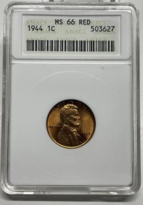 1944 Lincoln Wheat Cent / Penny 1c MS66 RED ANACS Early Small Holder - Picture 1 of 5