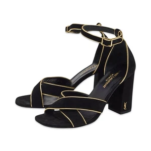 F0 Auth YVES SAINT LAURENT Black Suede Gold Trim Ankle Strap Sandal Heels Sz 38 - Picture 1 of 8