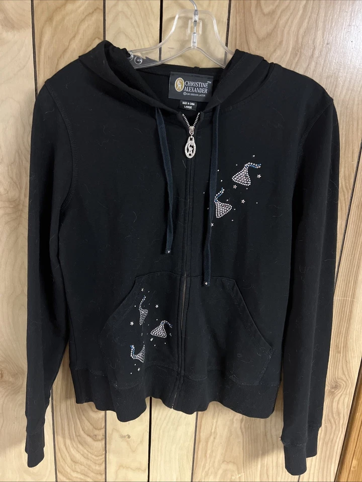 NUEVO SIN ETIQUETAS Christine Alexander Cristal Estrás "Besos" Cremallera Sudadera con Capucha Negra Talla Lg Foto 1 de 4