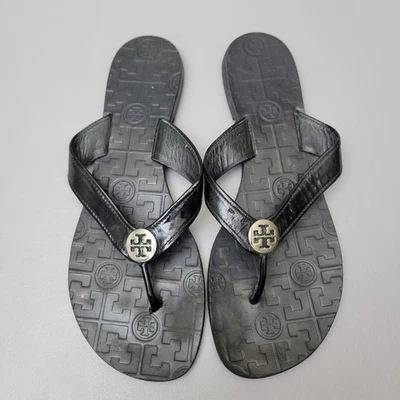 Sandalias Tory Burch Tanga Thora 9 M Negro Charol Chanclas Logo Foto 1 de 4