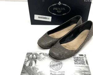 PRADA Studded Ballet Flats Grey Leather Sz 39 U.S. Vitelli Shine W/Box & COA - Picture 1 of 11