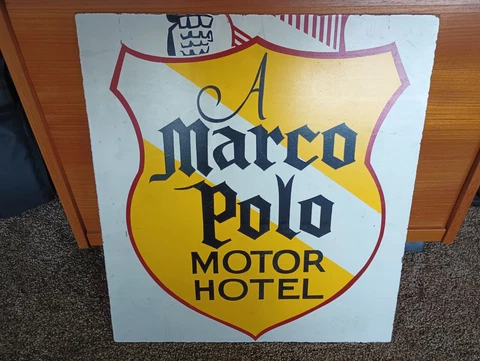 1950s Wooden Sign vtg Marco Polo Motor Hotel Disneyland Advertising 2 sided USA Cover