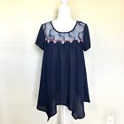 Umgee USA Medium Boutique Tunic Blouse Top Navy Blue Pink Neck Handkerchief Hem