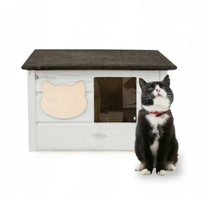 QLS Katzenhaus aus Holz 53x39 cm mit Matratze Isoliert Montiert Weiß Winterfest - Zdjęcie 1 z 9