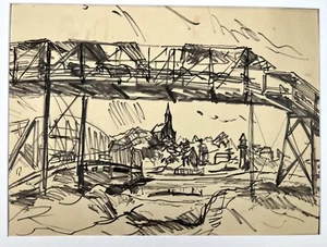 Depression Era Ink Sketch Church Under Cattle Bridge Rural WPA Artist 16x20” - Picture 1 of 14