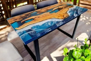 Sea Waves Epoxy Resin Dining & Coffee Table Custom Blue Ocean Epoxy Resin Table - Picture 1 of 11