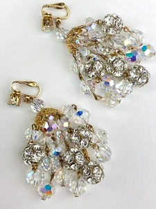 Vintage Runway Statement Gold Tone Crystal Dangle Chandelier Clip Earrings - Picture 1 of 10