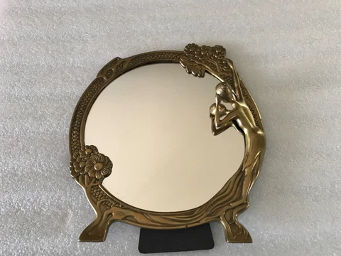 Vtg. Brass Art Nouveau Deco Lady Lake Flower Vanity Dresser Table round Mirror Cover