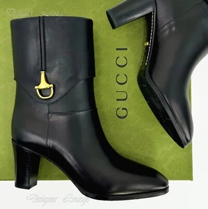 NUEVAS BOTAS GUCCI Elizabeth Half Horsebit de cuero negro a mitad de pantorrilla EU 38.5 / US 8.5 - Imagen 1 de 9
