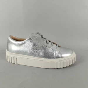 Clarks Trainers Womens 4.5 Silver Leather Lace Up Comfort Chunky Platform - Picture 1 of 13