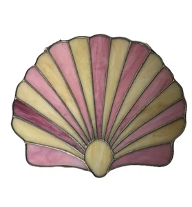 Vtg Leaded Stained Glass Fan Sea Shell Sun Catcher-Pink & Beige-11”x 10” - Picture 1 of 4