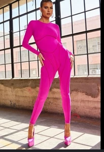 New Fashion Nova Play It Cool Hot Pink Long Sleeve Jumpsuit Size 1X - Picture 1 of 3
