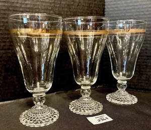 3 Anchor Hocking BUBBLE FOOT Glasses Clear with Gold Bands Vintage - Picture 1 of 5
