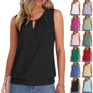 Womens Tank Tops Keyhole V Neck Summer Tops 2025 Eyelet Sleeveless Loose Fit - Picture 1 of 48
