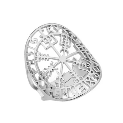 Womens Vegvisir Viking Ring Silver 316L Stainless Steel Adjustable Norse Band - Image 1 of 4