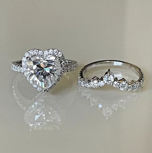 2Ct Heart Cut Moissanite Bridal Set Engagement Wedding Ring14K White Gold Plated - Picture 1 of 9