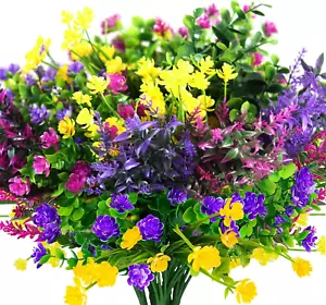 12 Bundles Artificial Fake Flowers Outdoor, 6 Styles UV Resistant No Fade Faux P - Picture 1 of 12