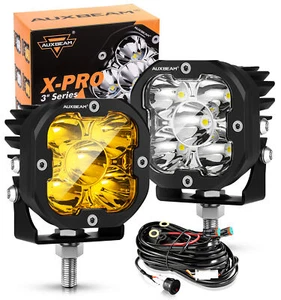 Pair AUXBEAM 3" 80W 9600LM LED Pods Light Cube Beam Driving Amber Spot Lights - Picture 1 of 12