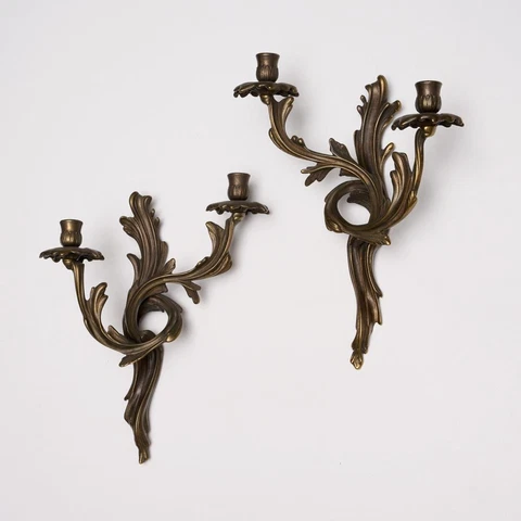 Vintage Italian 2 Arm Wall Brass Art Nouveau Candlestick Sconces Pair Cover
