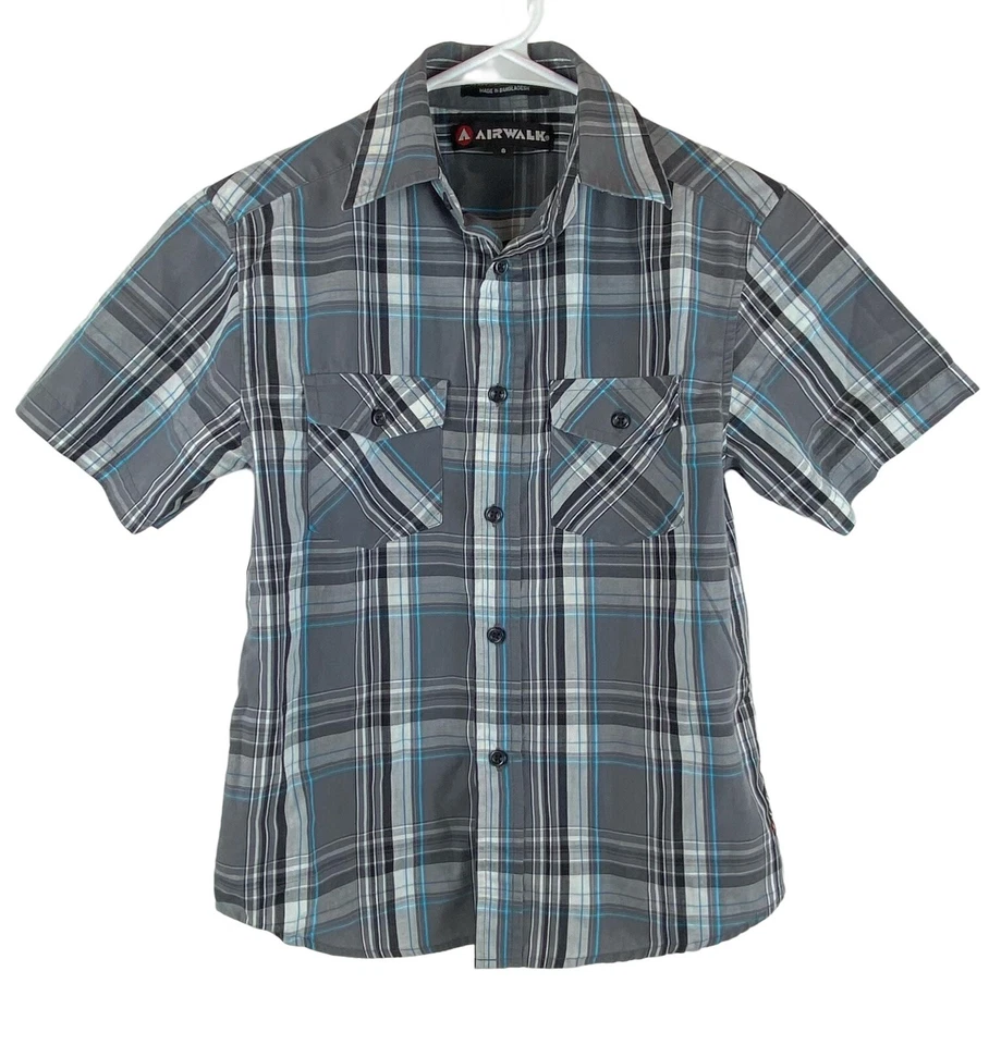 Airwalk Boys Shirt Grey Blue Plaid Short Sleeve Button Down Size 8 EUC - Image 1 of 3