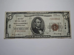 $5 1929 Williamsport Pennsylvania PA National Currency Bank Note Bill Ch #175 VF - Picture 1 of 3