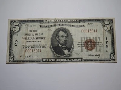 $5 1929 Williamsport Pennsylvania PA National Currency Bank Note Bill Ch #175 VF - Image 1 of 3