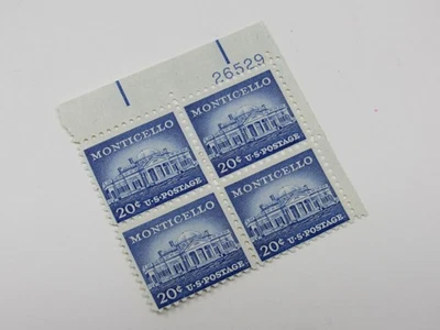 USPS Scott 1047 Vintage 20c Monticello Plate Block Mint Never Hinged/MNH - Image 1 of 4