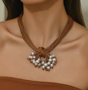 Pearl Necklace Leather Flower Zara Berry Cord Bouquet Silver Gold Knot Boho VTG - Picture 1 of 7