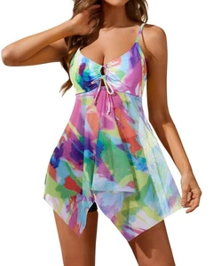 Two Piece Swim Dress for Women Swimdress Swimsuits Mesh Flowy Tankini Top wit... - Picture 1 of 6