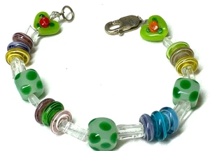 Glass Lamplight Bracelet With 925 Hardware Green Yellow Clear Beads Heart 7" Lon - Picture 1 of 7