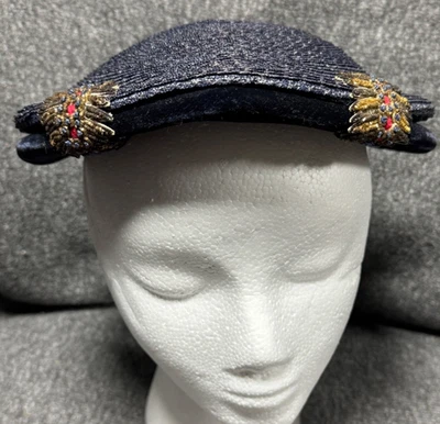 Chapéu Howard Hodge modelo original vintage preto veludo azul frisado boina art déco - Imagem 1 de 4