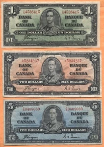 Canada 1937 $1, $2 & $5 Notes of George V, P#58-60 Circulated See Scans - Picture 1 of 3