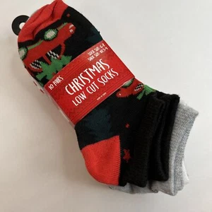 Youth Low Cut Socks 10 Pair 1 Christmas & 9 Everyday Print & Solid Shoe 10.5-4 - Picture 1 of 9