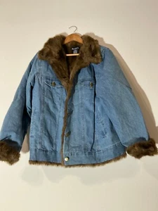 Denim & Co Button Up Long Sleeve Fur Denim Jacket Blue Womens Size L - Picture 1 of 4
