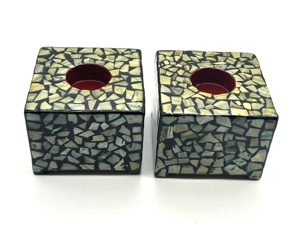 2- Candelabro Cuadrado con Cáscara de Abulón Art Deco Deco Deco Deco Deco Deco Deco con Luz de Té Inusual Foto 1 de 4