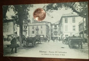Cartolina d'epoca paesaggistica Italia Liguria Savona Albenga piazza calessi - Foto 1 di 2