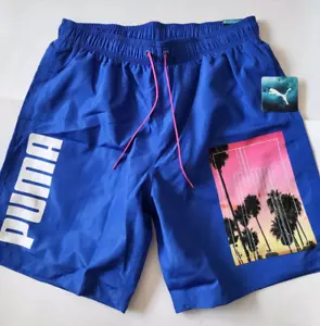 PUMA Mens Swim Shorts Big Logo Size L Blue 8 in - Picture 1 of 4