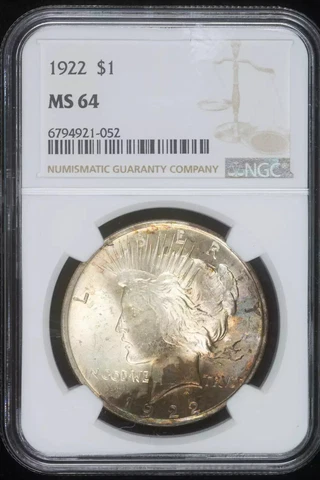 1922 P Peace Silver Dollar NGC MS-64 Rainbow Toning Cover