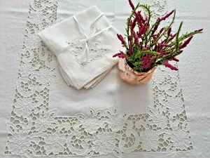 Rich pure linen tablecloth x12 with carved hand embroidery - Picture 1 of 12