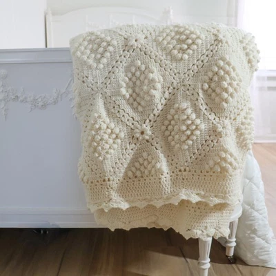 Manta Afgana De Colección Palomitas Crochet Marfil Sólido Cottagecore Precioso Diseño 86x82 Foto 1 de 4