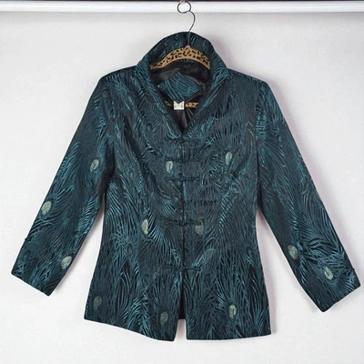 Chaqueta de Seda Mujer Mediana Pluma de Pavo Real Azul Teal Estilo Chino Inspirada en Asia Foto 1 de 4