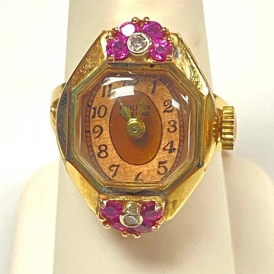 Anillo Reloj Mecánico Vintage Oro Amarillo 10K Rubí Rosa y Diamantes Talla 8 Foto 1 de 4