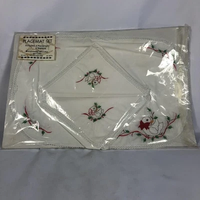 Juego de 4 manteles individuales de pato navideño 4 servilletas bordados con adornos de encaje Foto 1 de 4