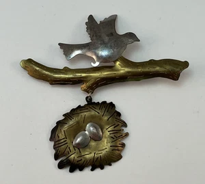 Vintage ZIRKUS Sterling Silver Mixed Metals Bird Branch Nest Brooch Pin - Picture 1 of 11